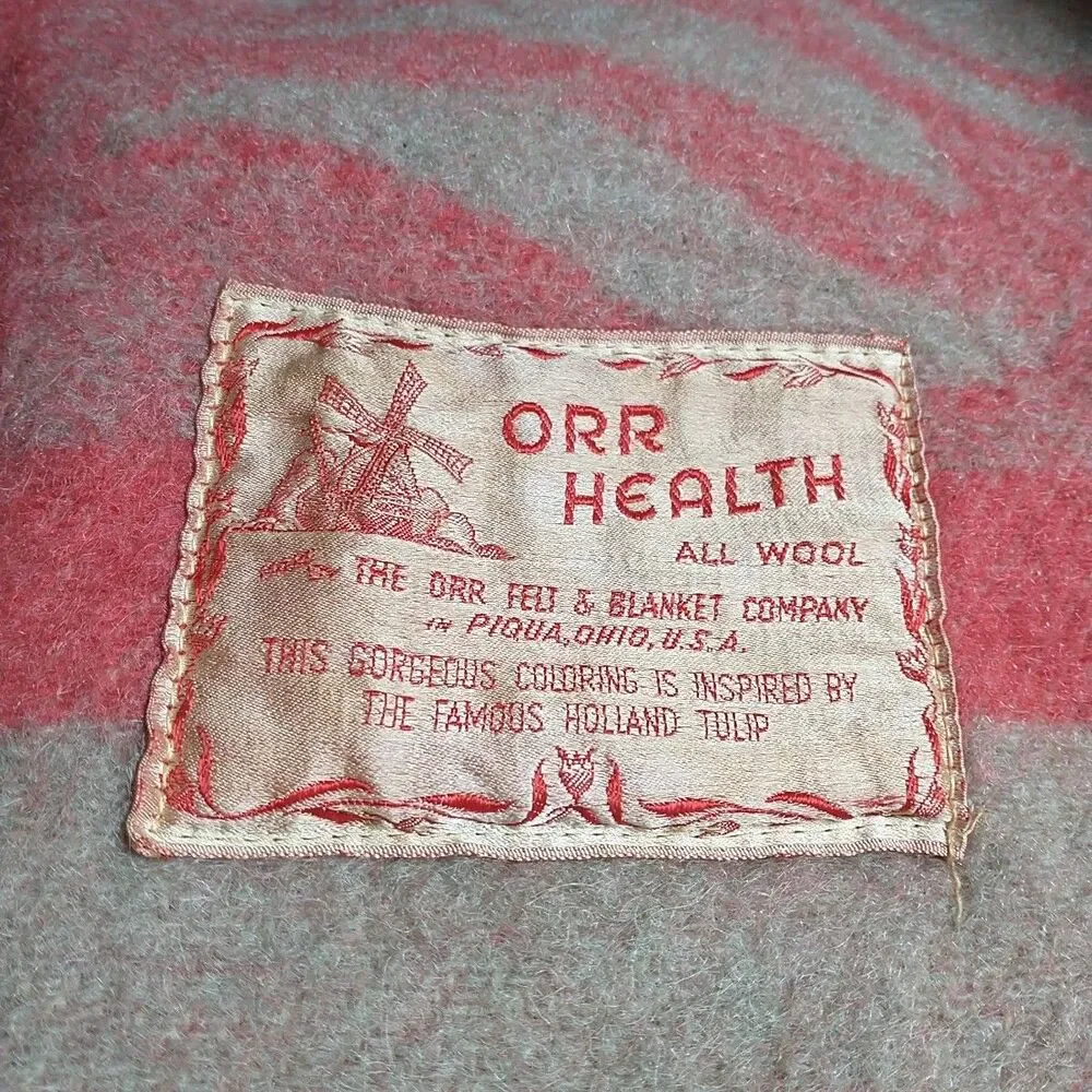 Vtg ORR HEALTH All Wool Blanket Holland Tulip Pink Reversible USA 69x79 *READ